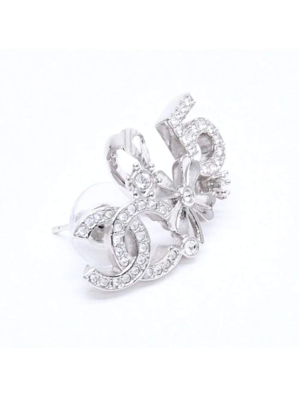Chanel Earrings Cuff CC Logo & Stamp Metal Rhinestone Silver